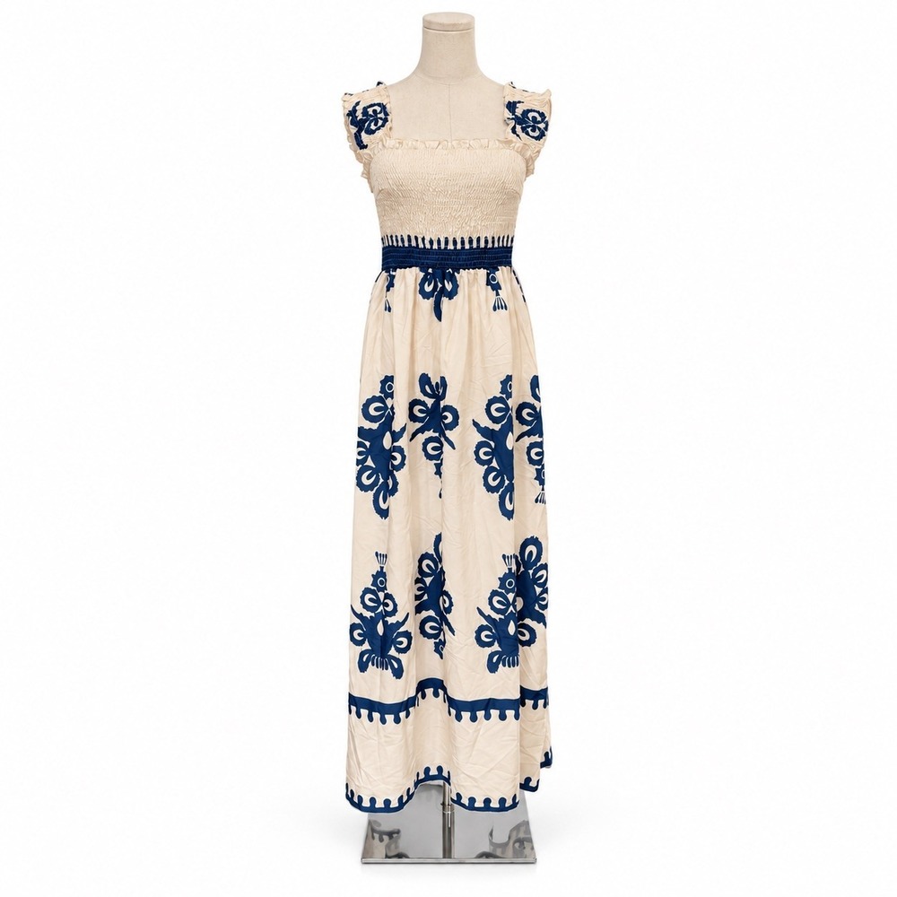 Womens Cream Navy Smocked Maxi Dress S Ruffle Boho Cottagecore Medallion Print